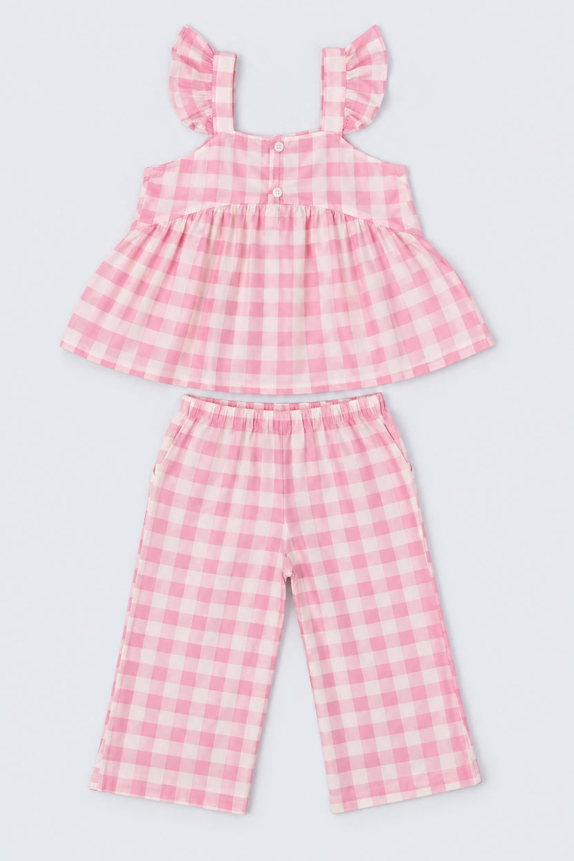 Girls Pink Regular Fit Checked Co-Ord Set - Image 4