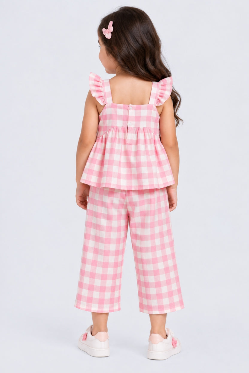 Girls Pink Regular Fit Checked Co-Ord Set - Image 5