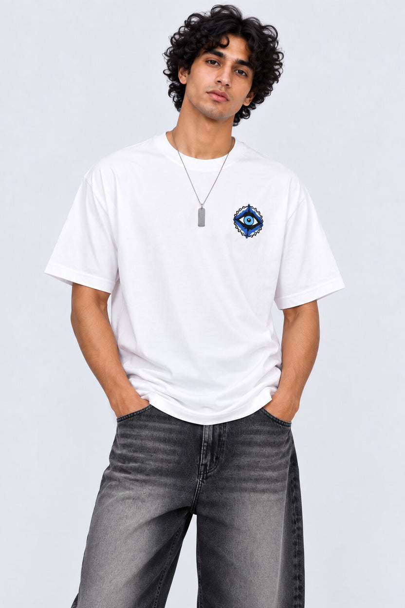 Mens White Evil Eye Graphic Print T-Shirt - Image 1