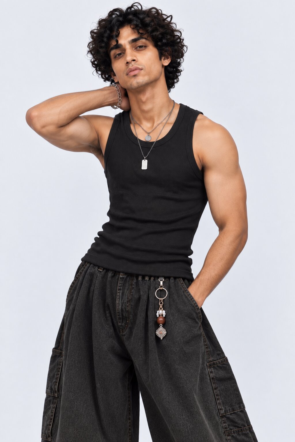 Mens Black Ribbed Solid T-Shirt - Image 2