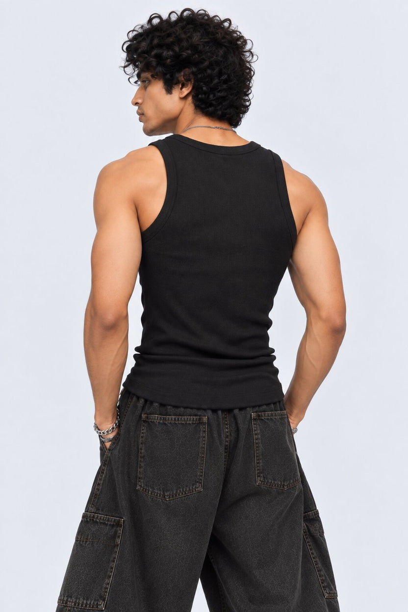 Mens Black Ribbed Solid T-Shirt - Image 5