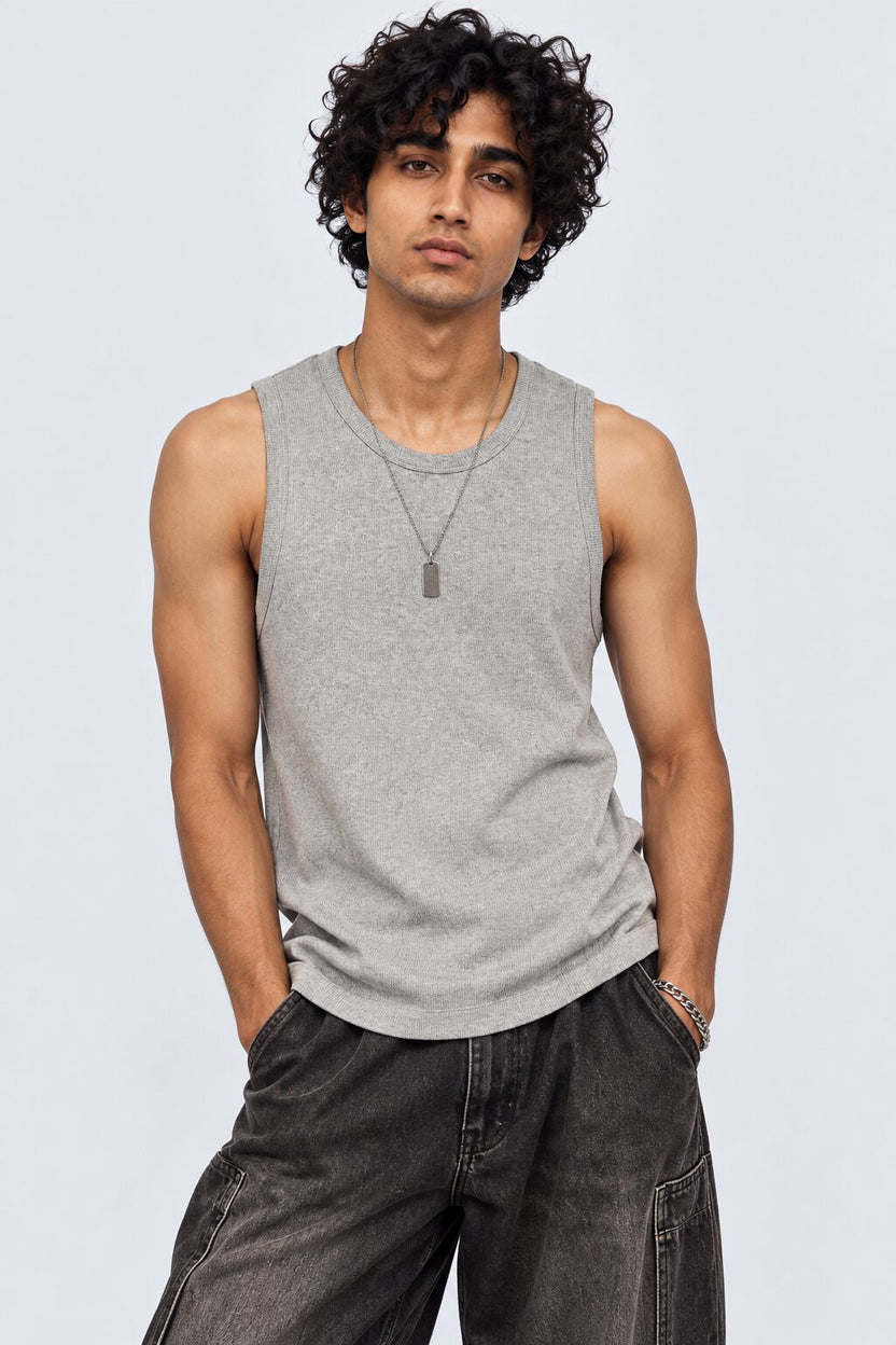 Mens Grey Ribbed Solid T-Shirt - Image 2