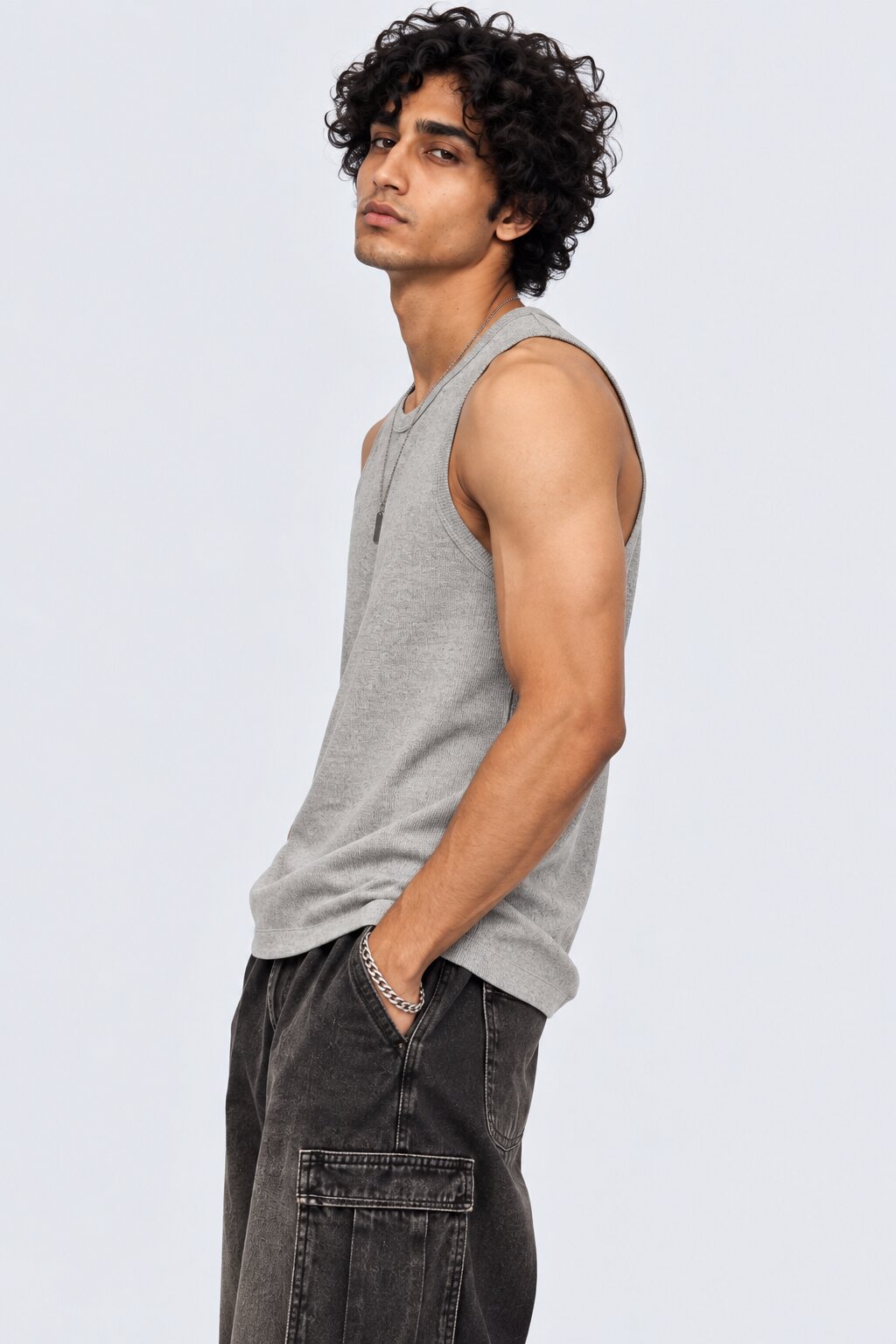 Mens Grey Ribbed Solid T-Shirt - Image 4