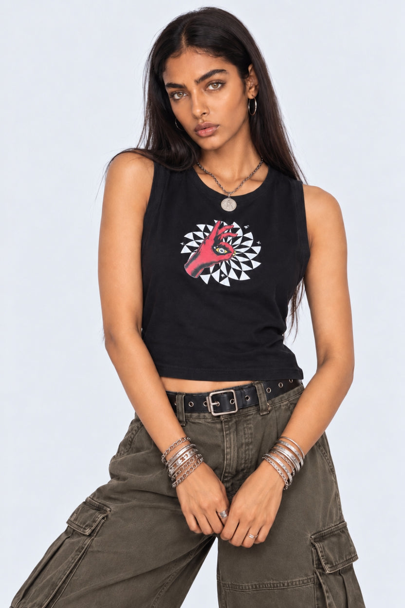 Womens Black Graphic Printed Tank Top - Image 2