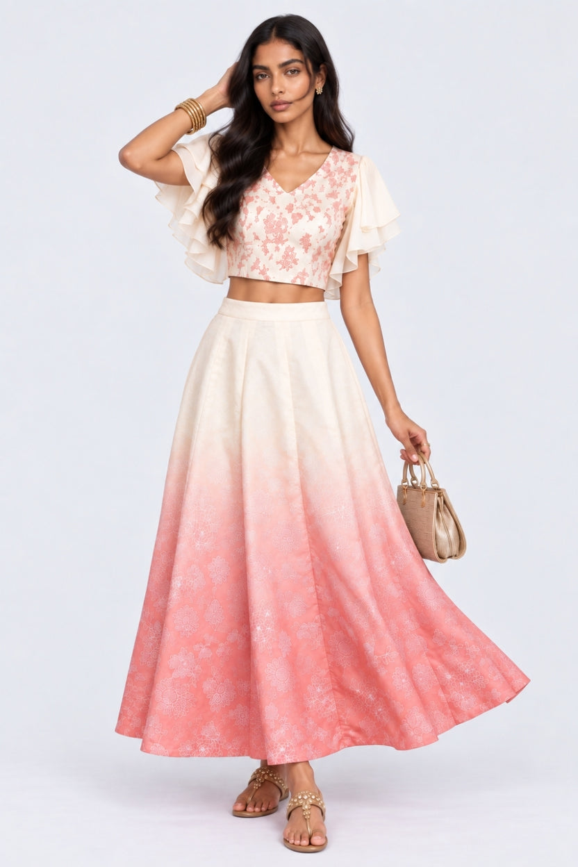 Womens Pink Ombre Floral Chanderi Skirt - Image 6