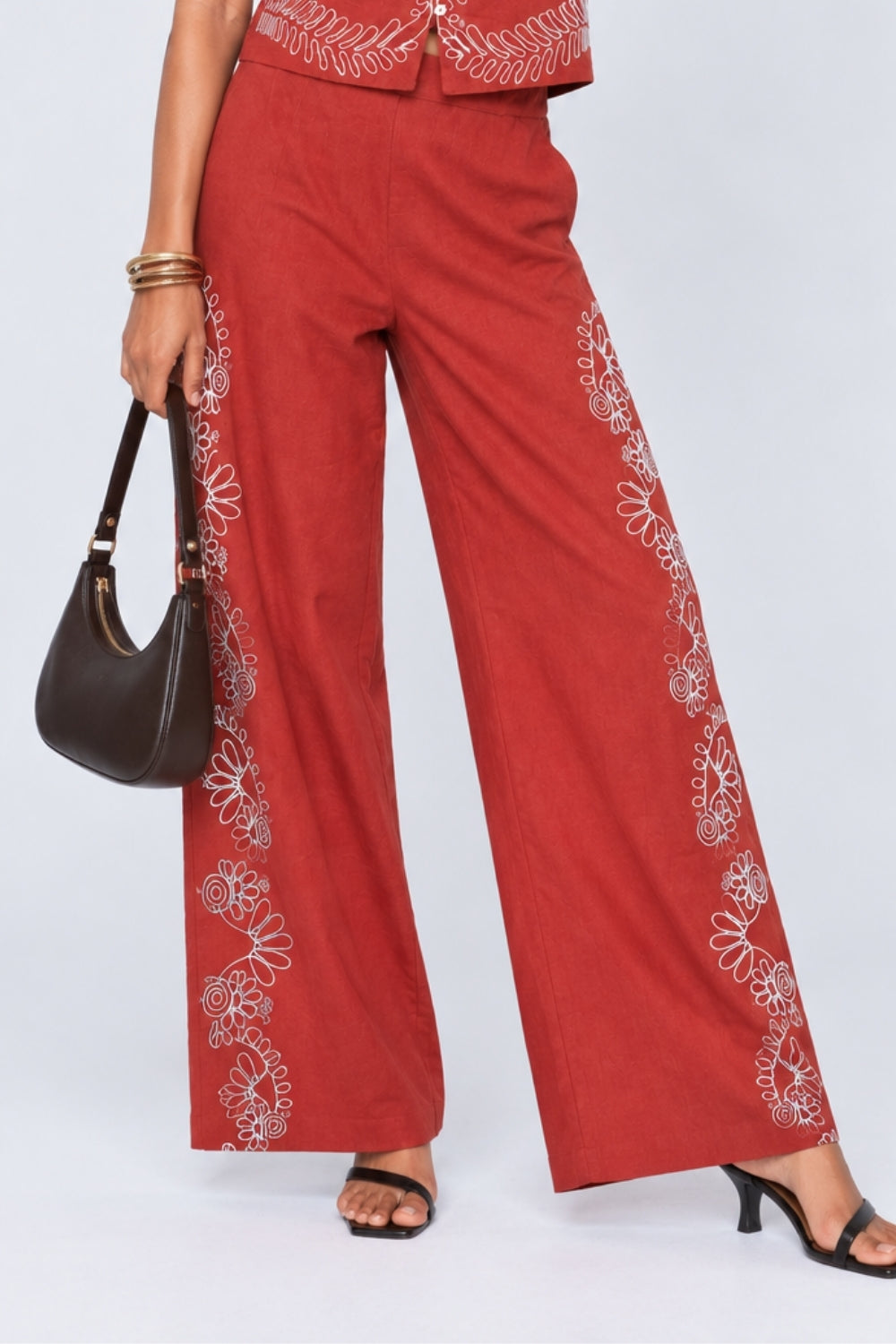 Womens Rust Embroidered Wide Leg Trouser - Image 1