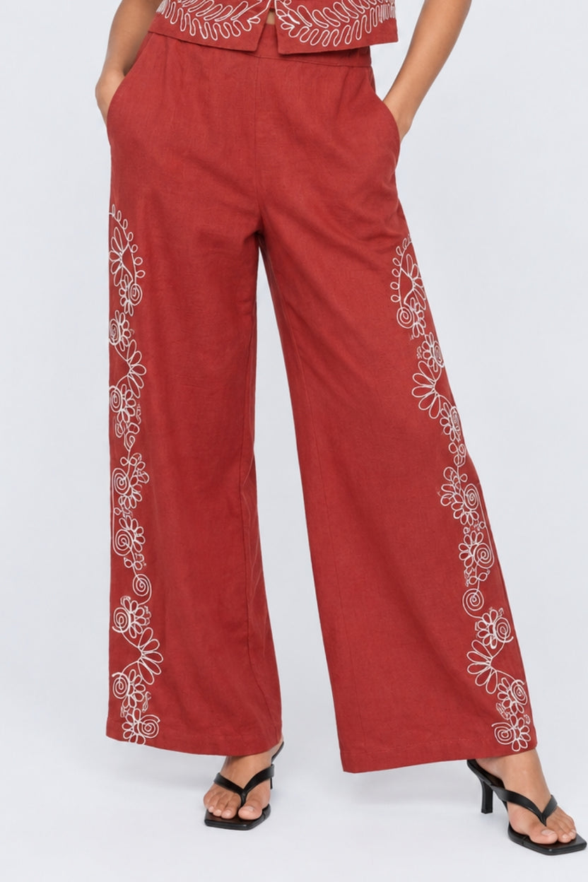 Womens Rust Embroidered Wide Leg Trouser - Image 2