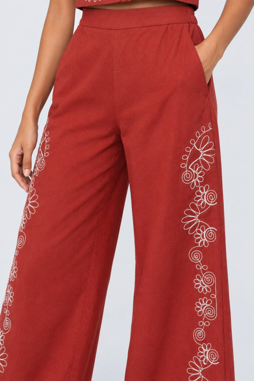 Womens Rust Embroidered Wide Leg Trouser - Image 3