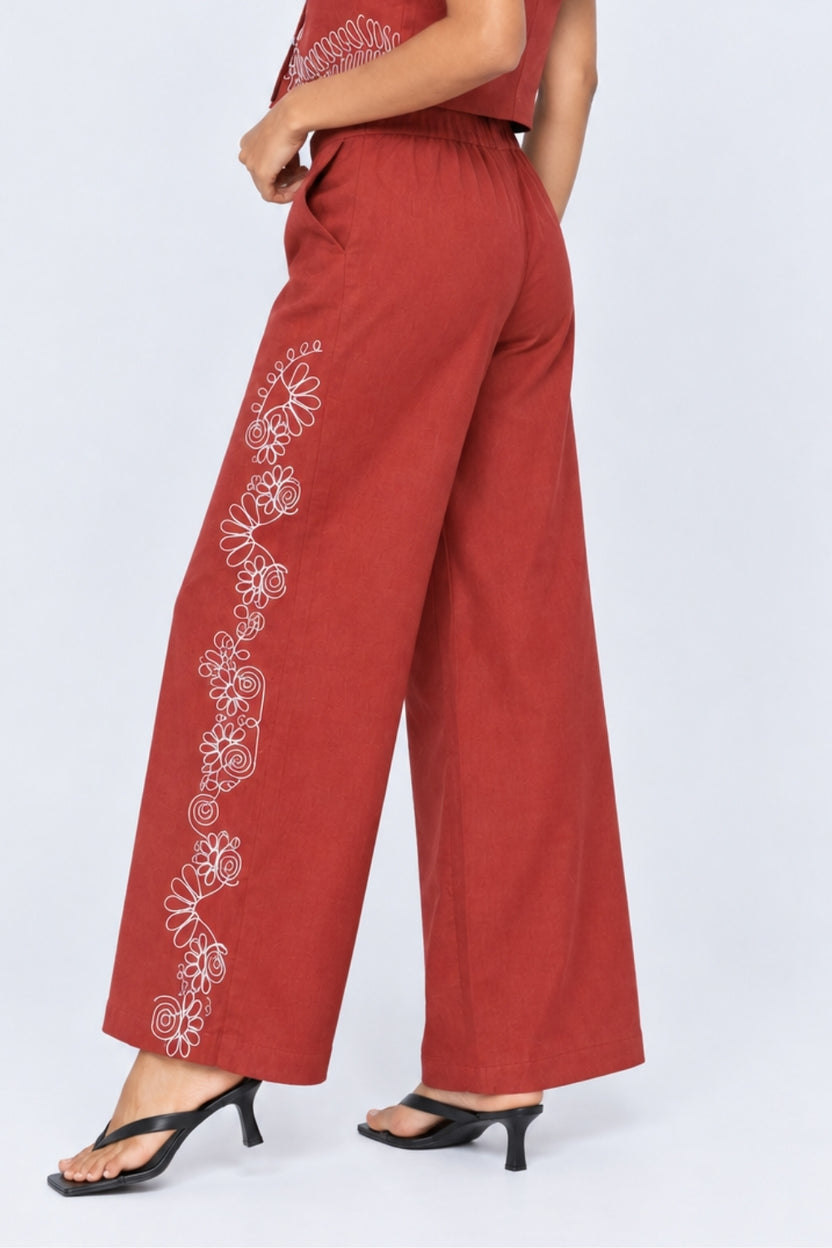 Womens Rust Embroidered Wide Leg Trouser - Image 4
