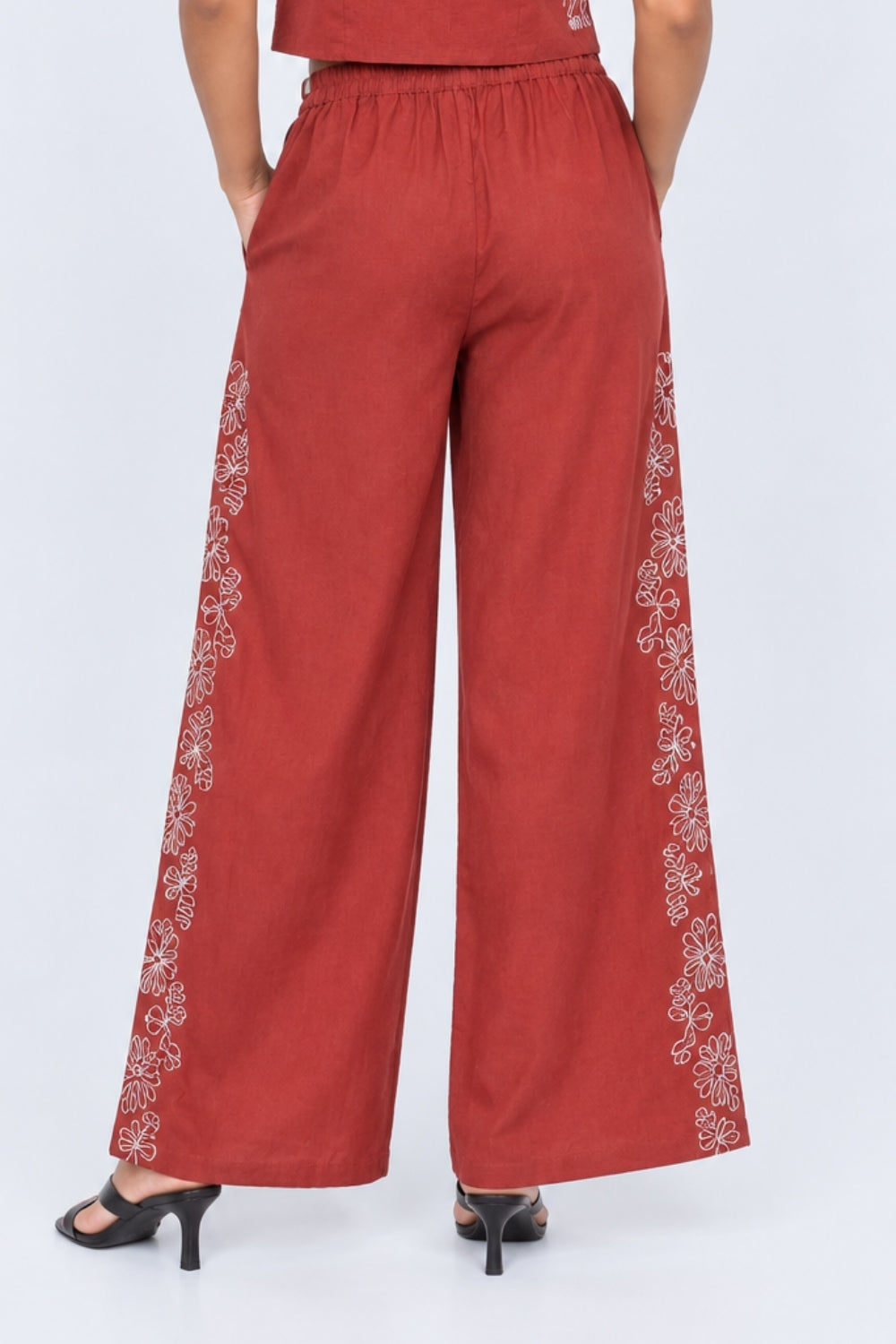 Womens Rust Embroidered Wide Leg Trouser - Image 5