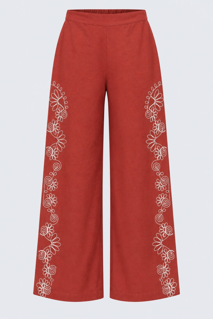 Womens Rust Embroidered Wide Leg Trouser - Image 7