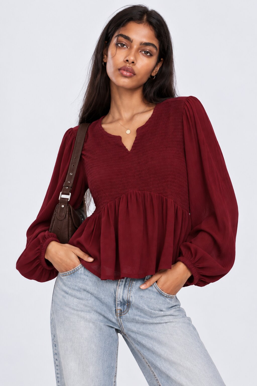 Womens Red Smocked Peplum Flared Top - Image 1