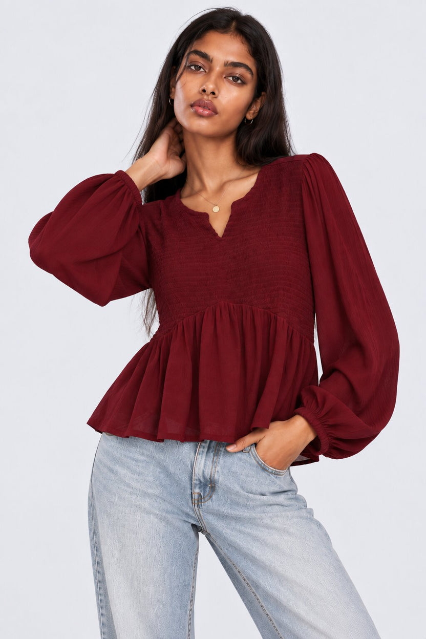 Womens Red Smocked Peplum Flared Top - Image 2