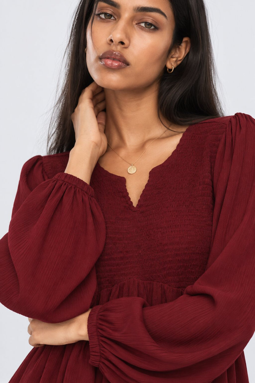 Womens Red Smocked Peplum Flared Top - Image 3