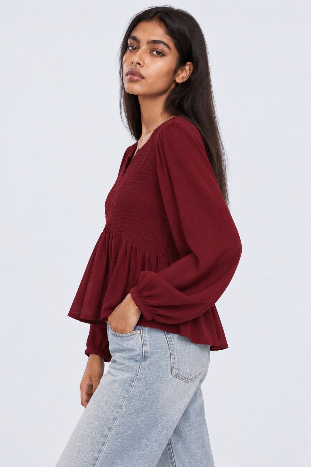 Womens Red Smocked Peplum Flared Top - Image 4