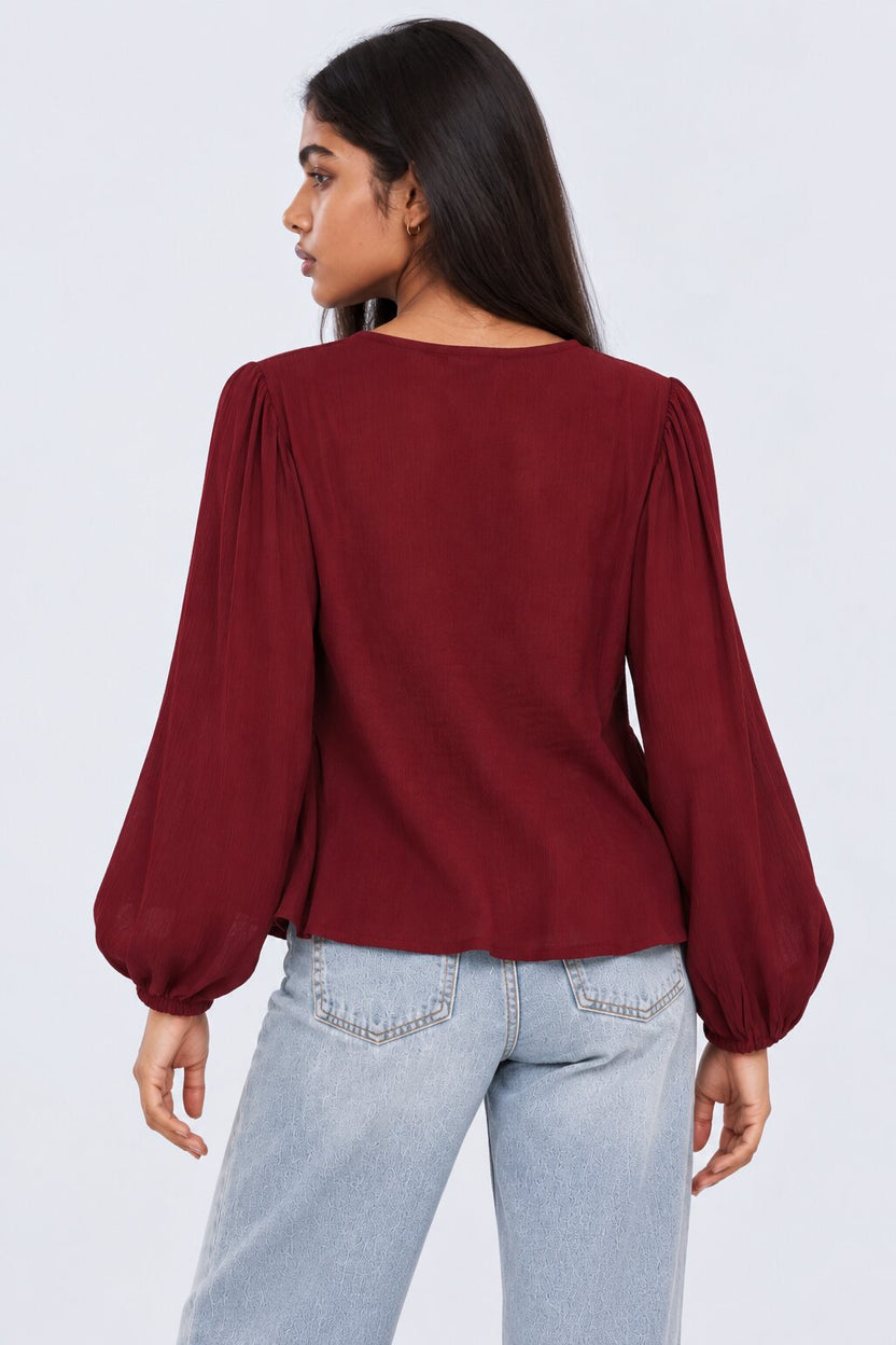 Womens Red Smocked Peplum Flared Top - Image 5