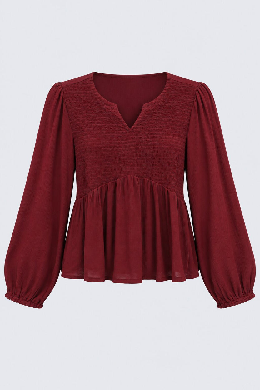 Womens Red Smocked Peplum Flared Top - Image 7