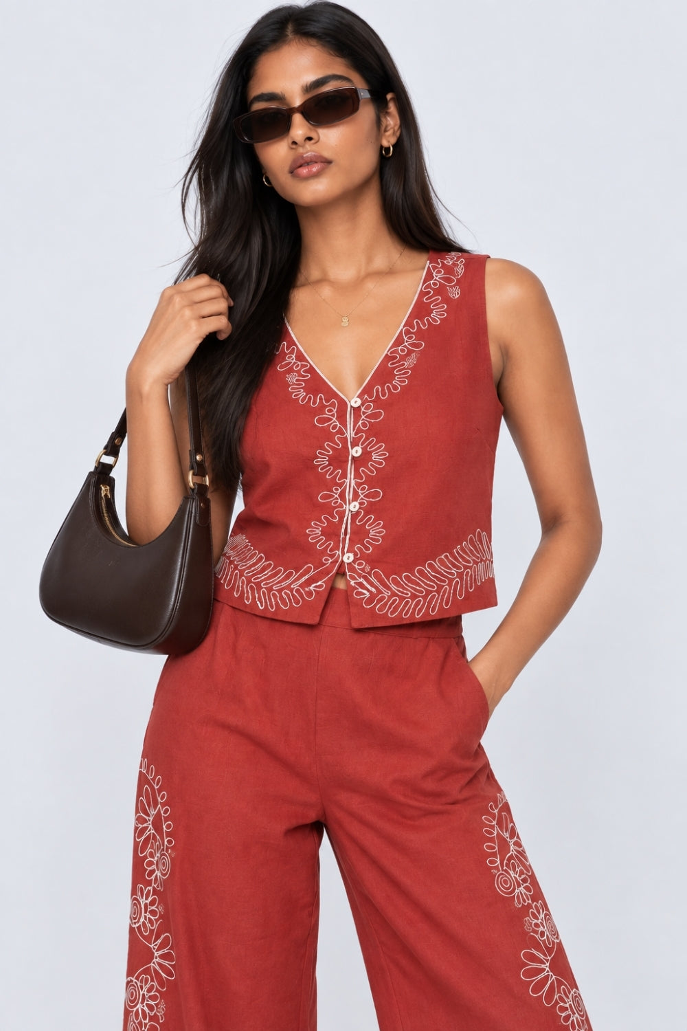 Womens Rust Embroidered Sleeveless Crop Top - Image 1