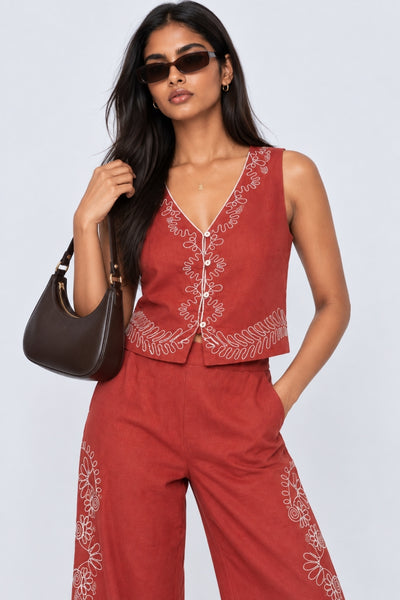 Womens Rust Embroidered Sleeveless Crop Top
