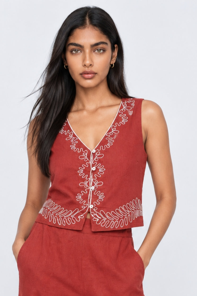 Womens Rust Embroidered Sleeveless Crop Top - Image 2