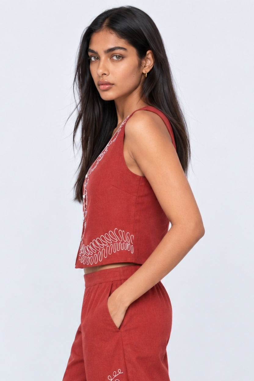 Womens Rust Embroidered Sleeveless Crop Top - Image 4