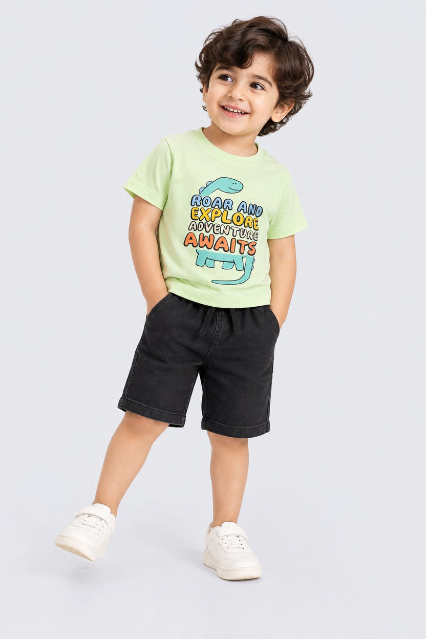 Lime Placement Printed Cotton Round Neck Boys Regular Fit Co-ord Sets - Image 1