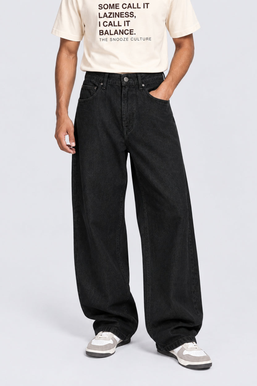 Mens Black Barrel Fit Washed Jeans - Image 2