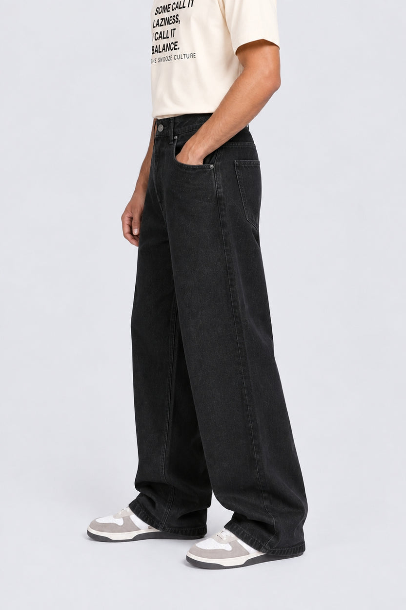 Mens Black Barrel Fit Washed Jeans - Image 4