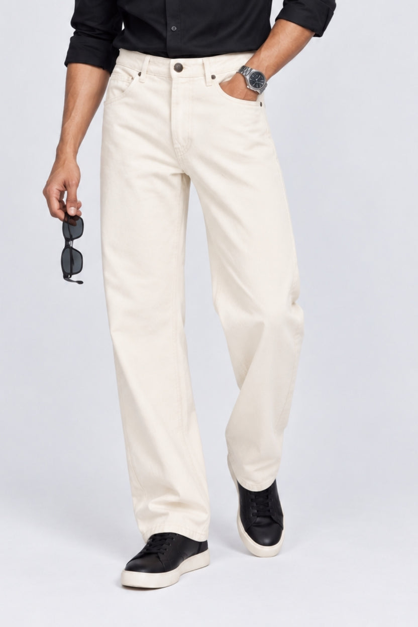 Mens Regular Fit Off White Solid Cotton Jeans - Image 1