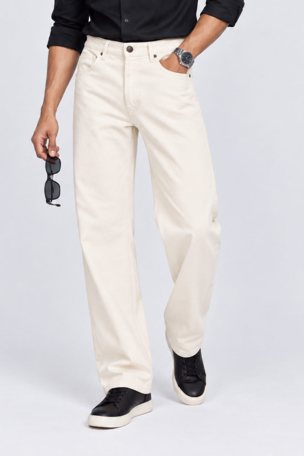 Mens Regular Fit Off White Solid Cotton Jeans - Image 1