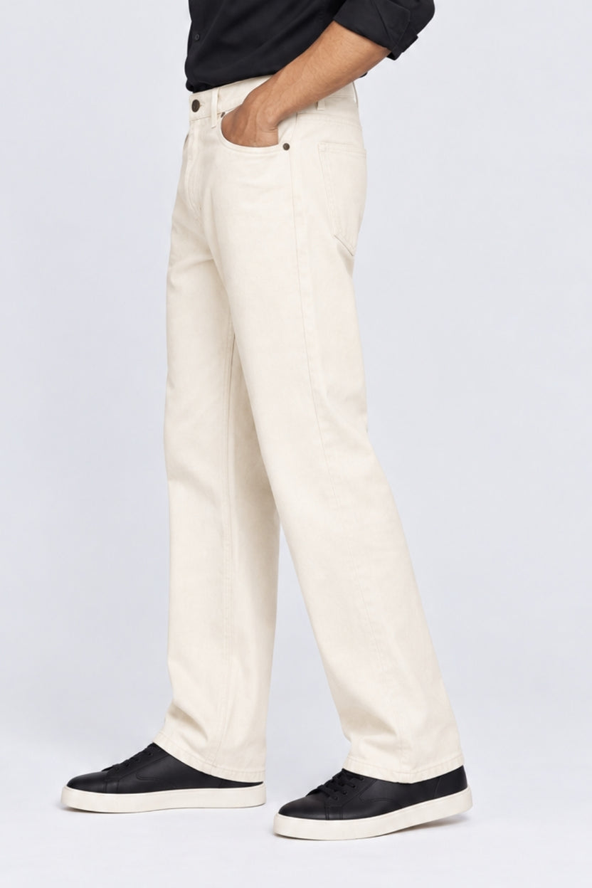 Mens Regular Fit Off White Solid Cotton Jeans - Image 2