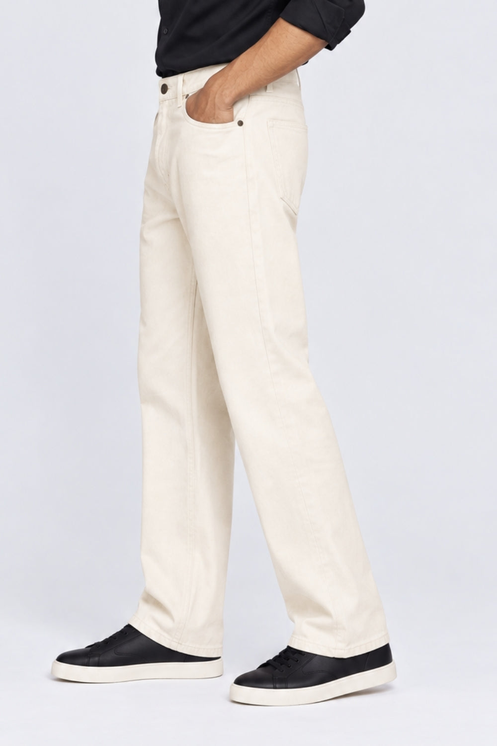 Mens Regular Fit Off White Solid Cotton Jeans - Image 2