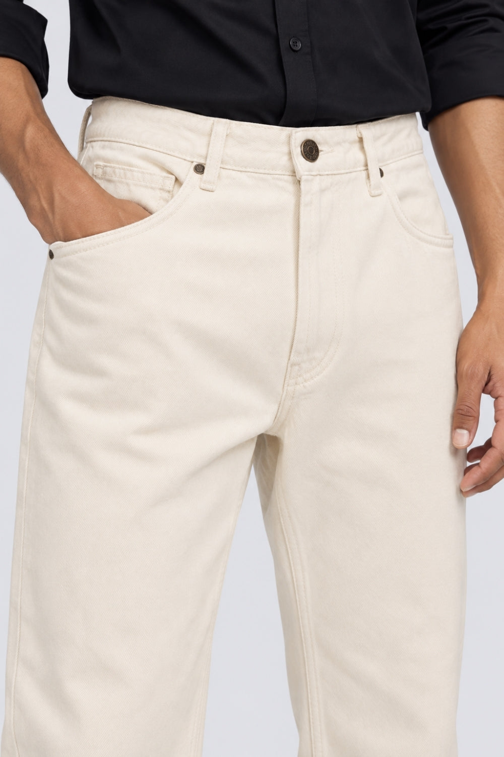 Mens Regular Fit Off White Solid Cotton Jeans - Image 3