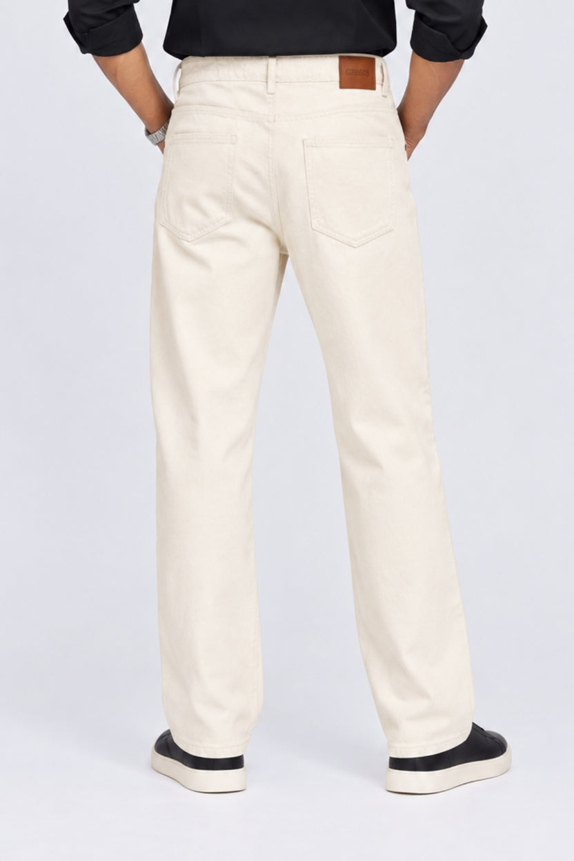 Mens Regular Fit Off White Solid Cotton Jeans - Image 4