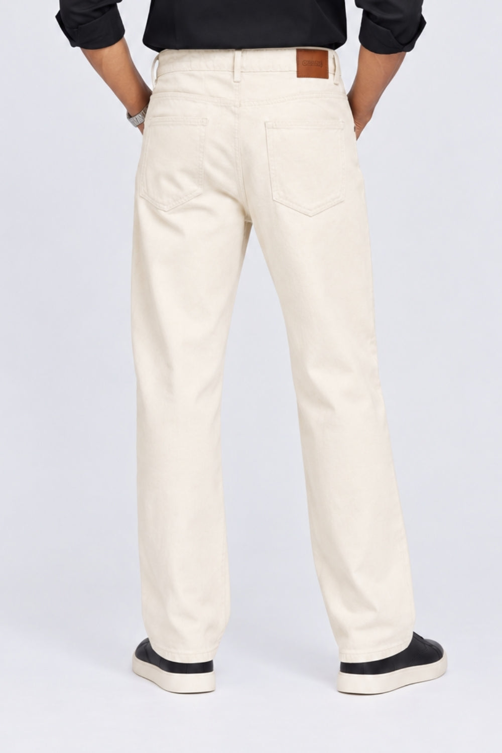 Mens Regular Fit Off White Solid Cotton Jeans - Image 4