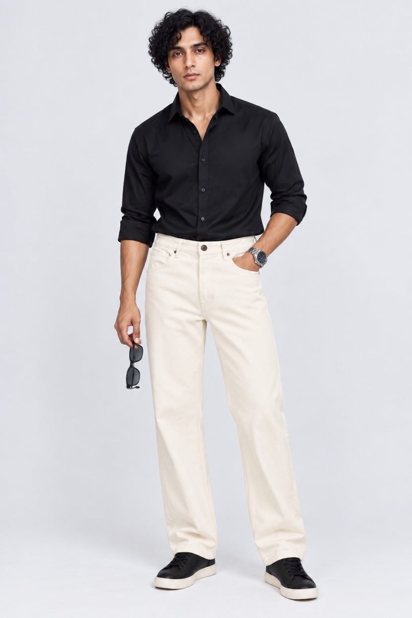 Mens Regular Fit Off White Solid Cotton Jeans - Image 5