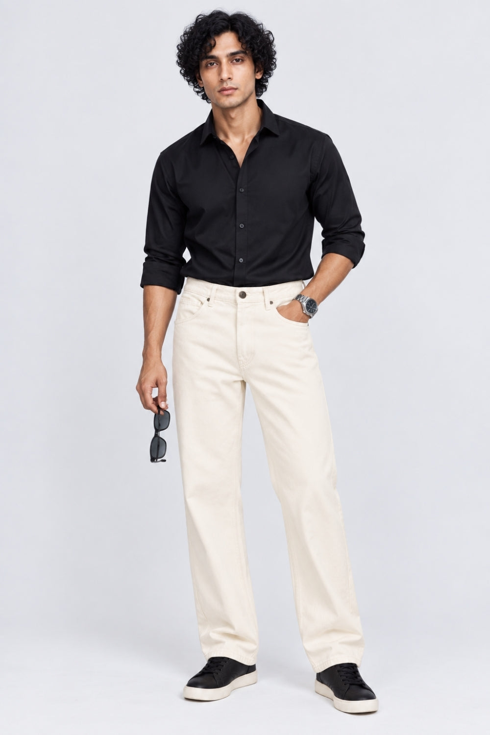 Mens Regular Fit Off White Solid Cotton Jeans - Image 5