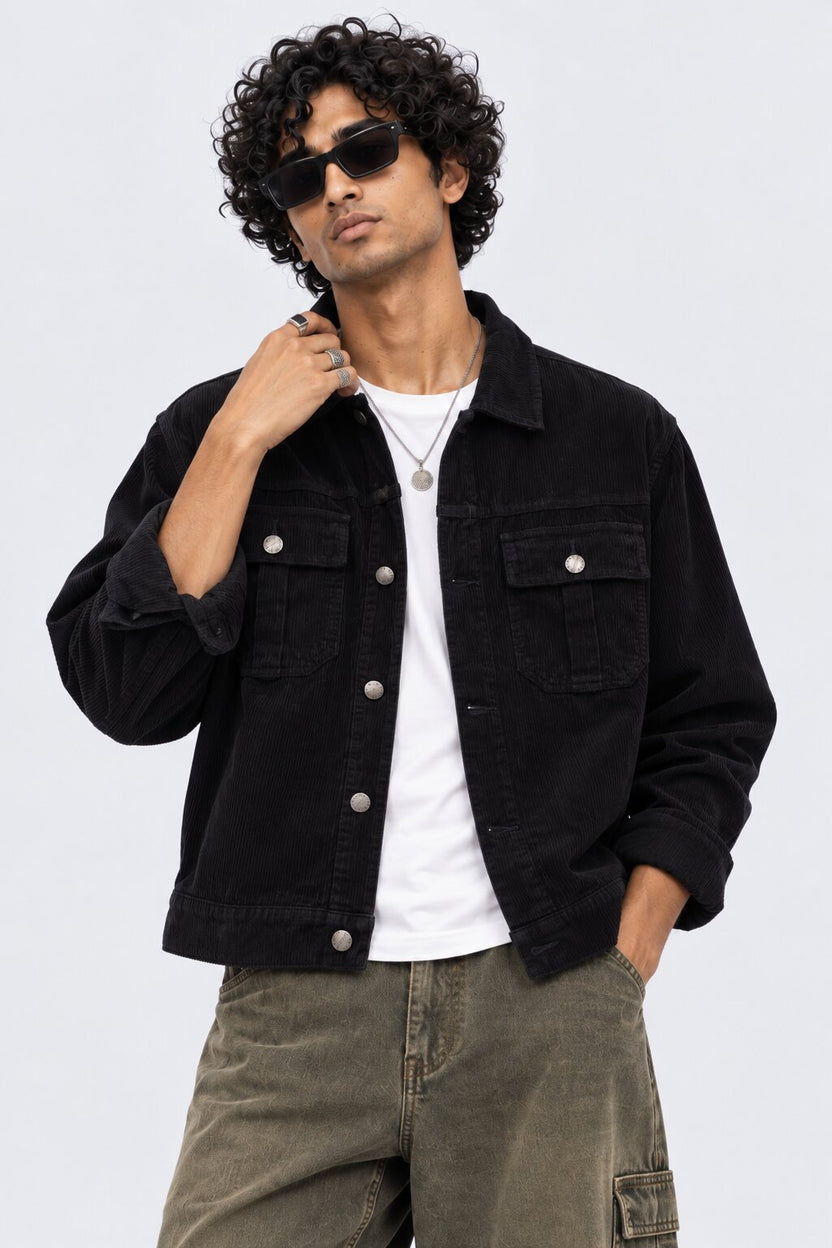 Mens Black Regular Fit Textured Corduroy Jacket - Image 1