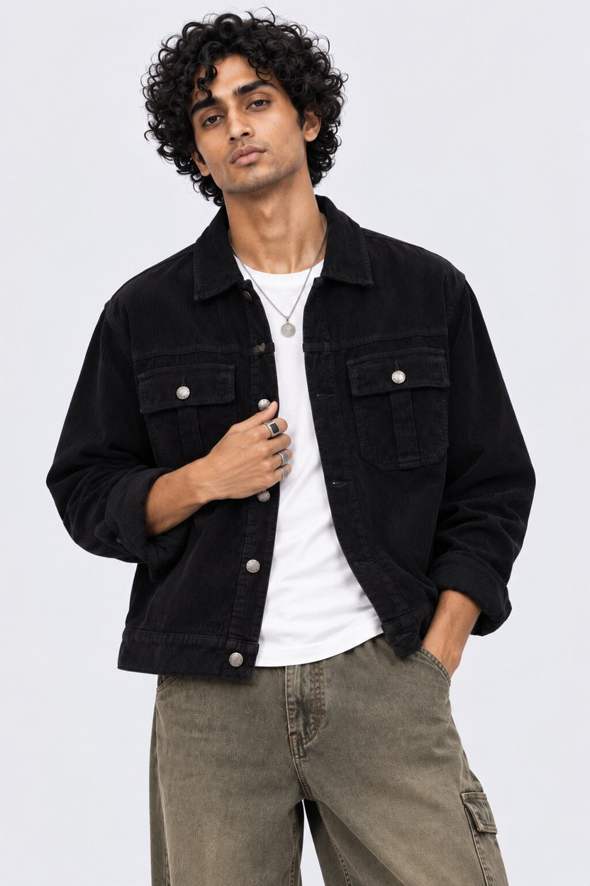 Mens Black Regular Fit Textured Corduroy Jacket - Image 2