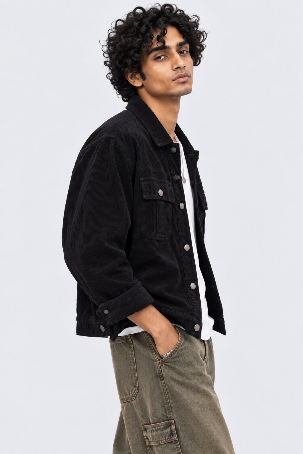 Mens Black Regular Fit Textured Corduroy Jacket - Image 4