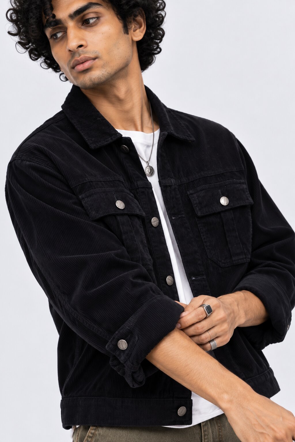 Mens Black Regular Fit Textured Corduroy Jacket - Image 9