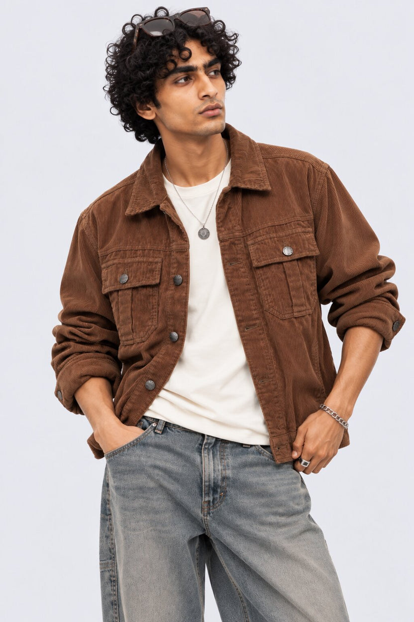 Mens Tan Regular Fit Textured Corduroy Jacket - Image 1