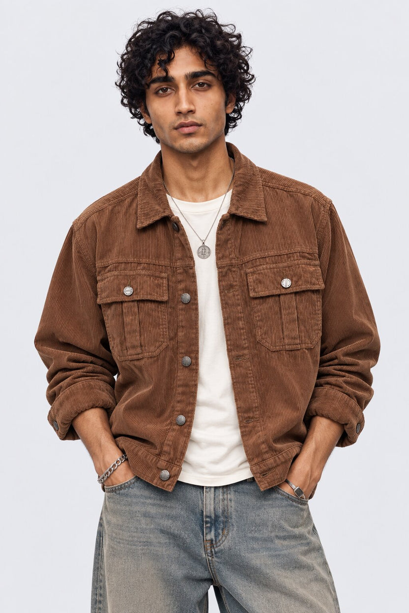 Mens Tan Regular Fit Textured Corduroy Jacket - Image 2