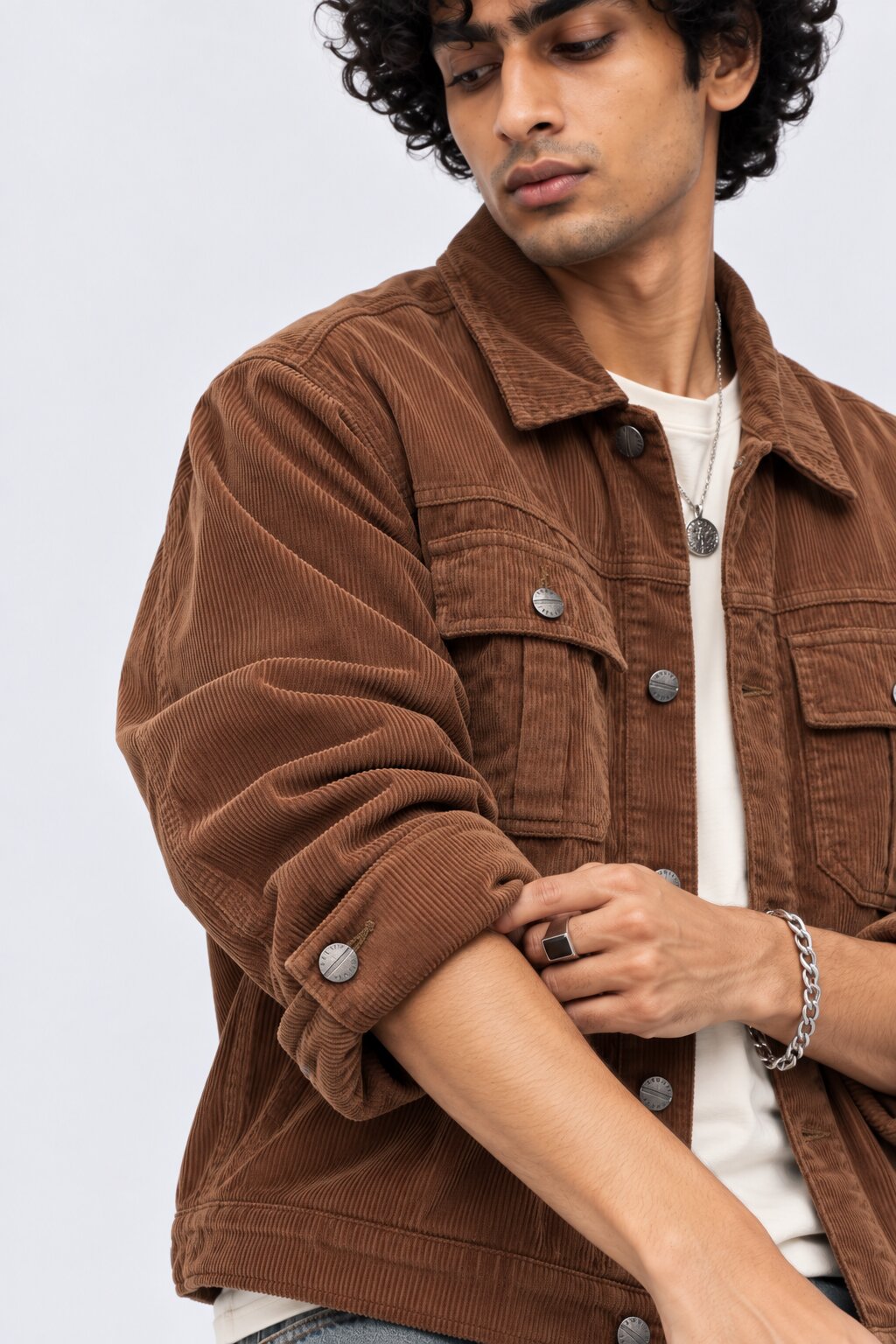 Mens Tan Regular Fit Textured Corduroy Jacket - Image 3