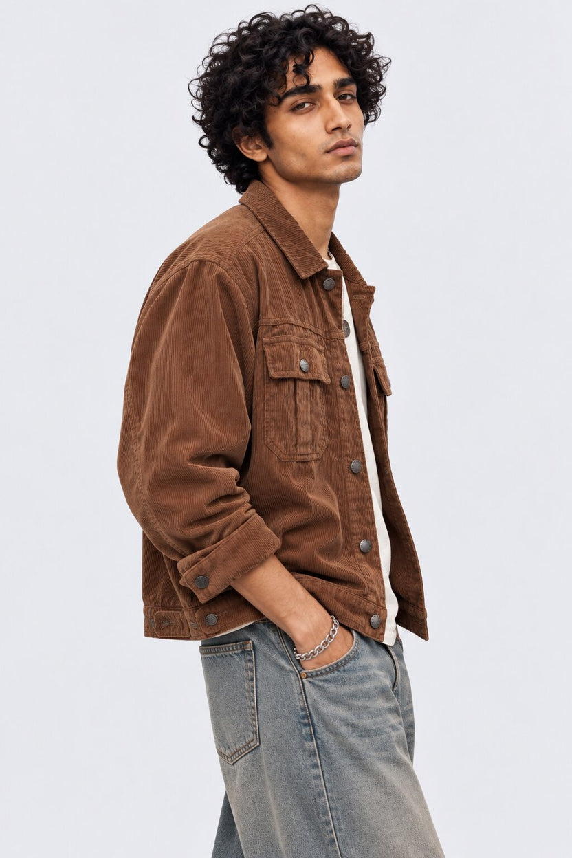 Mens Tan Regular Fit Textured Corduroy Jacket - Image 4