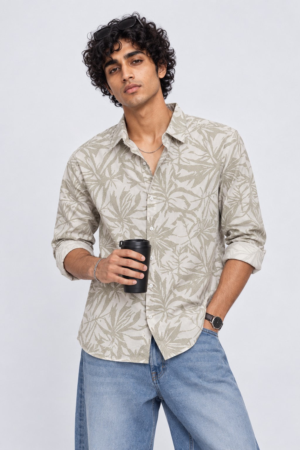 Mens Green Regular Fit Tropical Print Casual Shirt - Image 1