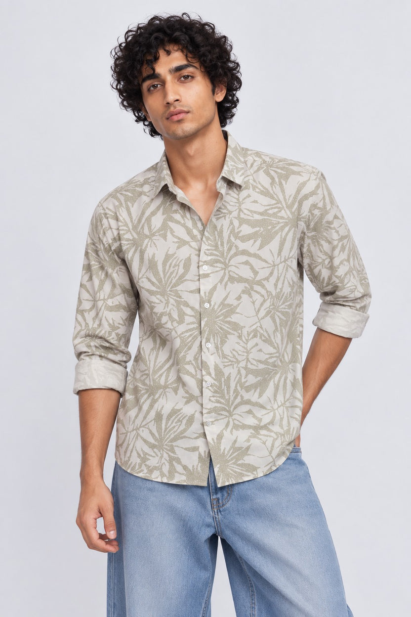 Mens Green Regular Fit Tropical Print Casual Shirt - Image 2