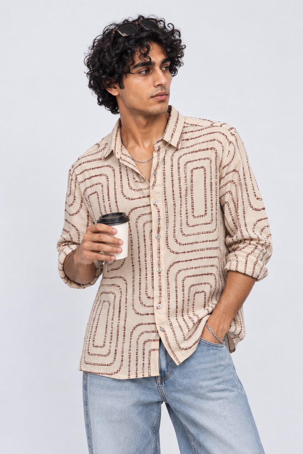 Mens Beige Regular Fit Abstract Print Casual Shirt - Image 1