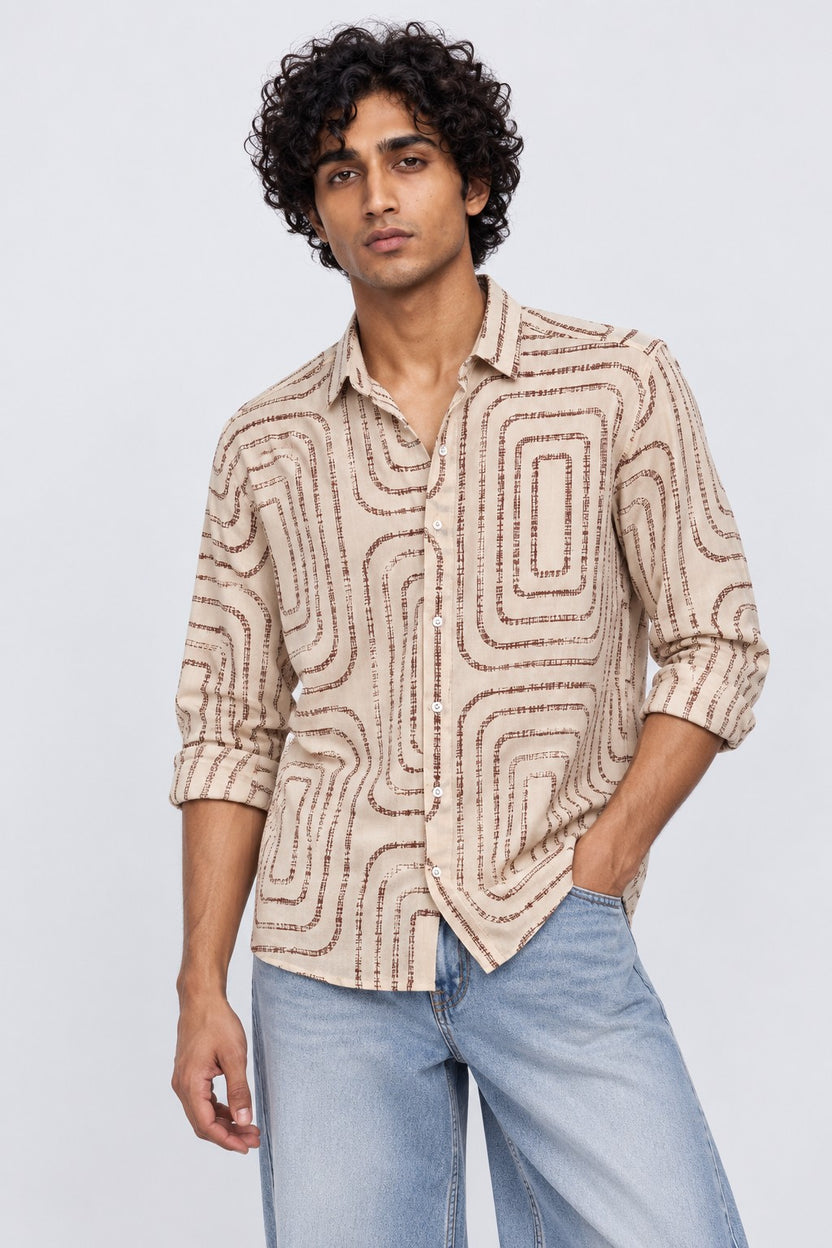 Mens Beige Regular Fit Abstract Print Casual Shirt - Image 2