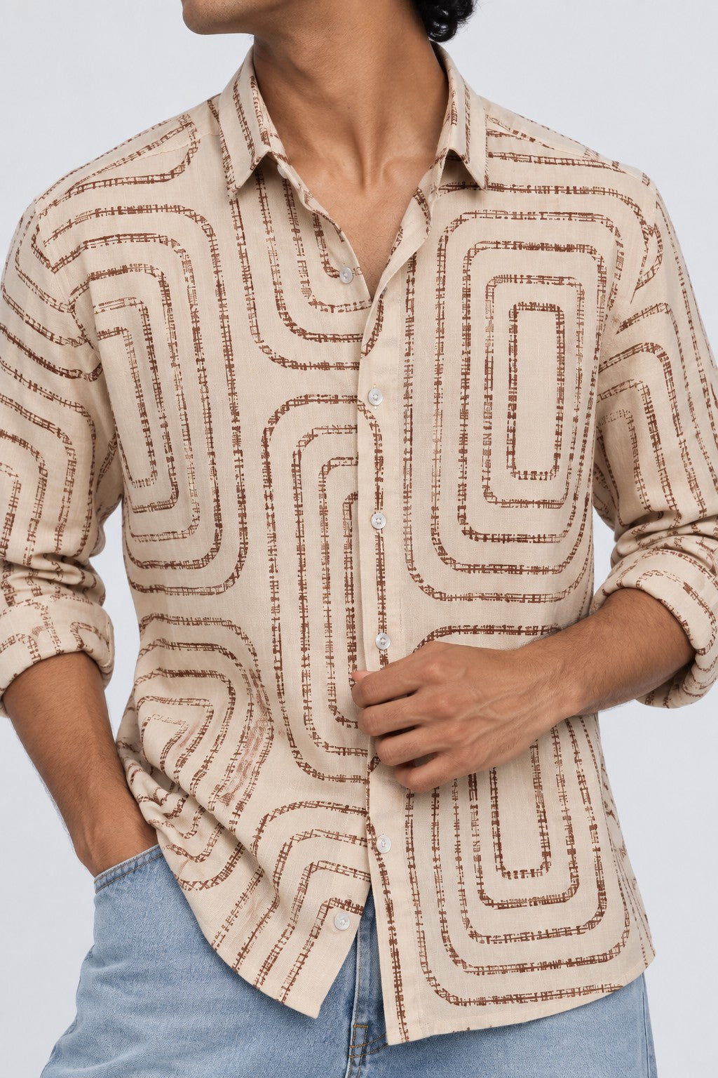 Mens Beige Regular Fit Abstract Print Casual Shirt - Image 3